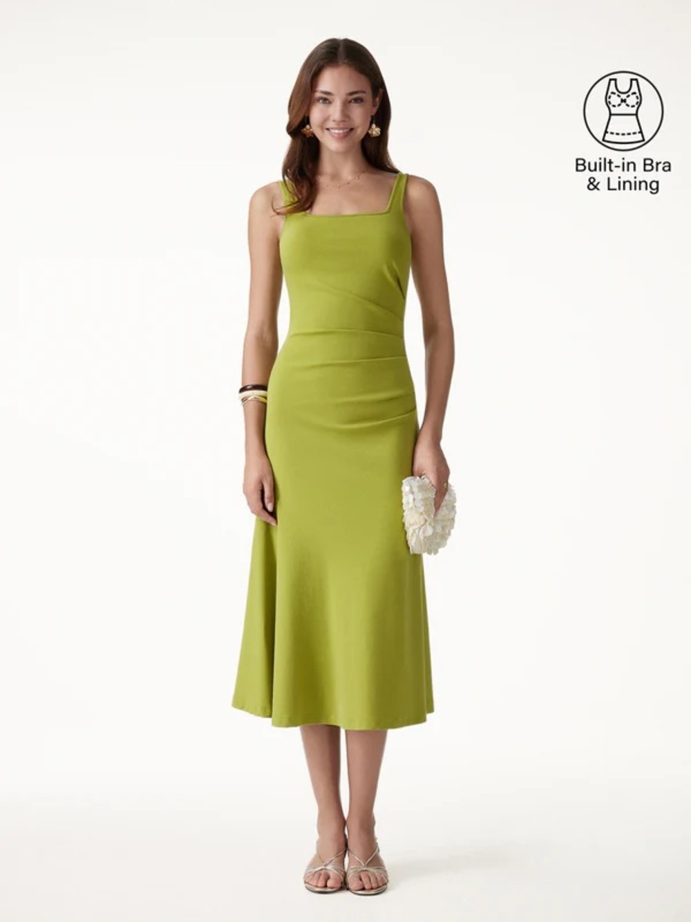 NWT OGL Square Neck Tucked Open Back Bra Dress in Deep Chartreuse Green